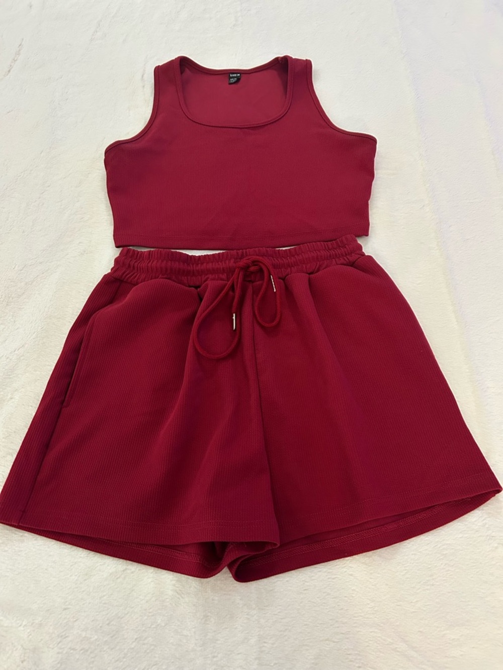 SHEIN Ribbed Crop Tank & Drawstring Shorts Set in Wine Red